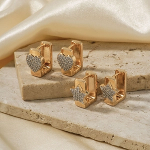 Exquisite gold-plated hoop earrings with micro-pave zircon heart and star pendants