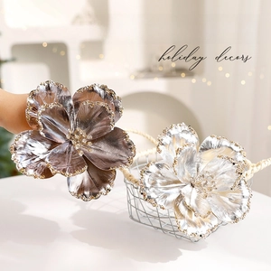 Artificial Christmas flowers in metallic silver and bronze with gold sequins for decor