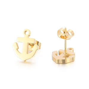 Minimalist gold anchor stud earrings in nautical style with a polished stainless steel finish