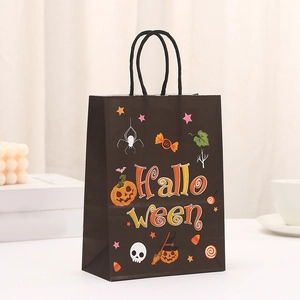 Black Halloween kraft paper gift bag with cute pumpkin prints and sturdy handles