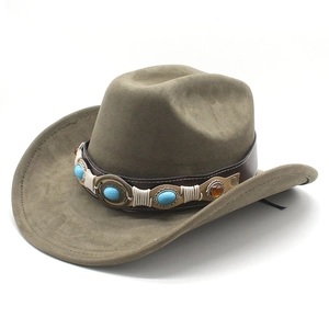 Detailed view of western felt hat featuring ethnic turquoise stones and leather band