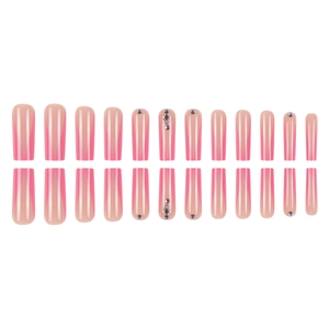 Pink French coffin press-on nails with rhinestone accents and 24-piece polished set