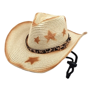 Western straw cowboy hat with leopard band and star prints for outdoor sun protection