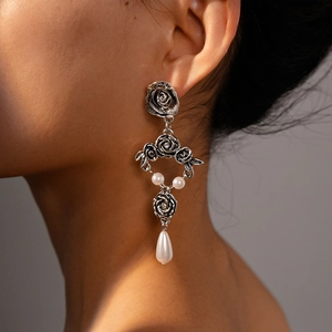 Vintage silver rose drop earrings with pearls in a retro Victorian floral style
