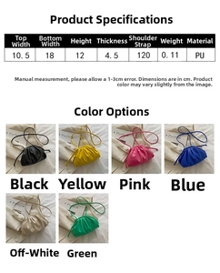 Size chart and color display for minimalist PU cloud bag with adjustable shoulder strap