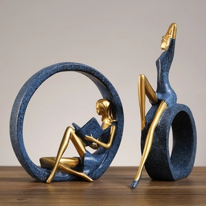 Abstract Reading Girl And Yoga Goddess Figurine Resin Nordic Modern Home Decor Sculpture Bookshelf TV Cabinet Gold Blue