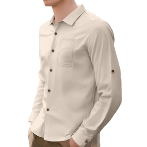 Men's long sleeve linen shirt in light beige featuring breast pocket and button detail