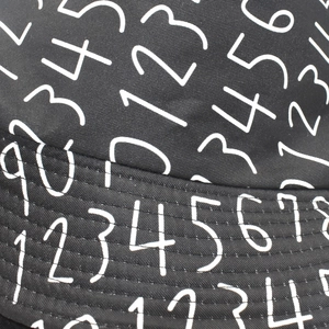 Macro detail of bucket hat showing white numeric print and precise parallel stitching