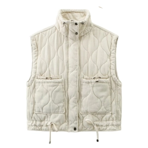 Women's casual quilted puffer vest in white with stand collar and large pockets