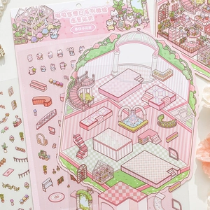 3D miniature cat sticker set for scrapbooking featuring a cozy greenhouse flower house theme