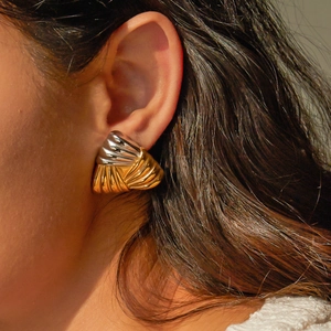 Two-tone geometric woven textured fan-shaped earrings in 18k gold and silver stainless steel