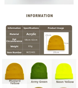 Detailed size and material chart for double-layer acrylic knit beanies with color options
