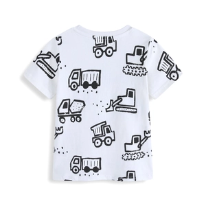 Boys white short sleeve t-shirt with black construction vehicle print on back view