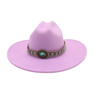 Detail of lavender felt cowboy hat featuring ethnic band with turquoise stone inlay