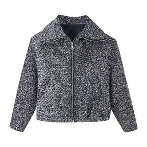 Monochrome knit bomber jacket with large lapel and metal zipper on white background