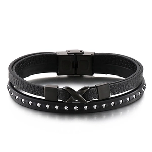 Men's multi-layer black leather and rubber bracelet with infinity metal charm