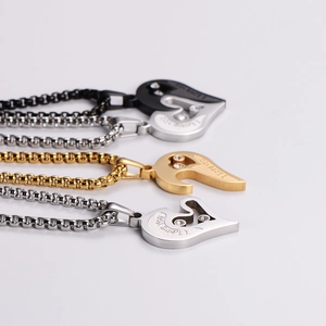 Couples heart pendant necklaces with I Love You engraving in gold silver and black