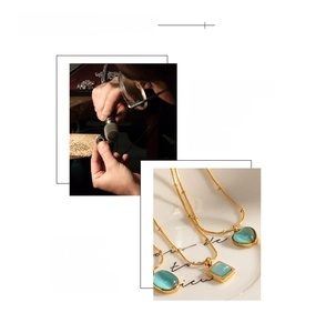 Detail of 18K gold plated necklace with blue opal pendants and handcrafted polishing