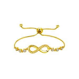 Close-up of gold infinity bracelet with clear zircon stones and adjustable chain