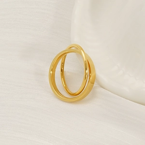 Minimalist double-layer interlocking gold titanium steel ring with polished finish