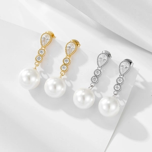 Elegant S925 silver long drop earrings with water-drop zircon and round white pearls