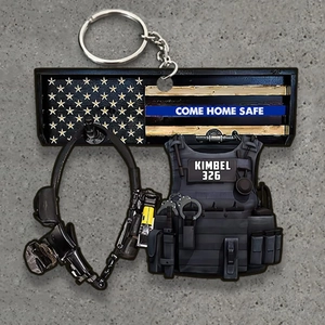 Personalized wooden police vest keychain with American flag and Come Home Safe engraving