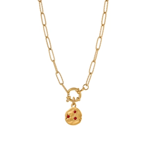 Gold paperclip chain necklace featuring a round pendant with three red star rhinestones