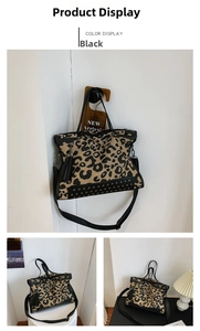Leopard print tote bag detail showing black leather trim, rivets and side tassel accents