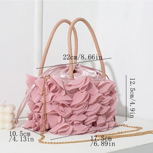 Detailed dimension chart showing a pink floral evening bag with its specific size measurements