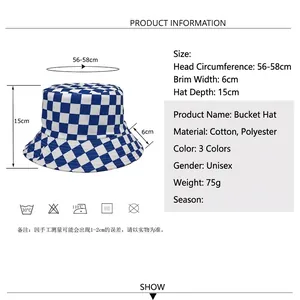 Blue and white checkered reversible cotton bucket hat with detailed size measurements