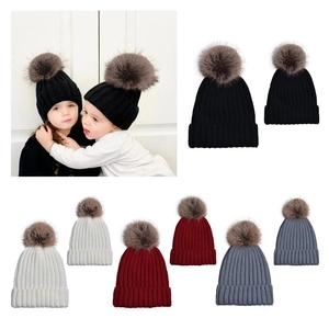 Knit Beanie Hat Acrylic Ribbed Warm Winter Outdoor Faux Fur Pom-Pom Adults Kids Parent-Child Solid Color Elastic