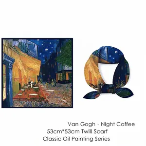 Van Gogh Cafe Terrace print silk twill square scarf for women with navy blue border