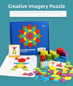 Detail view of 155pcs geometric wooden blocks set with storage bag and guide cards
