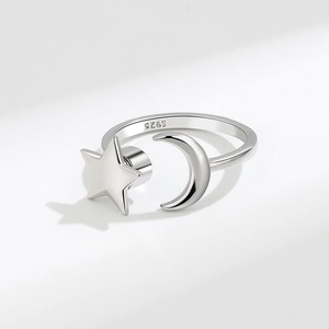 Minimalist S925 sterling silver open ring with spinning star and moon design for women