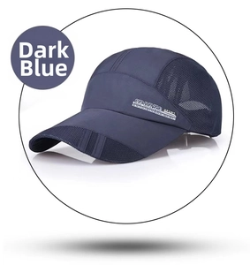 Detail view of breathable navy blue sports baseball cap with mesh side and SPORTS logo