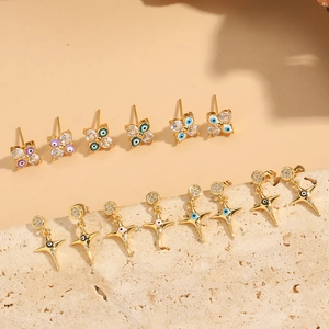 Evil Eye Stud Earrings Copper Zircon Enamel Cross Four Leaf Clover Shape Retro Minimalist Jewelry For Women