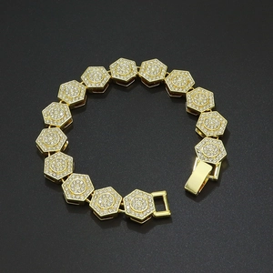Iced-out gold geometric hexagon link bracelet for men with sparkling pavé rhinestones