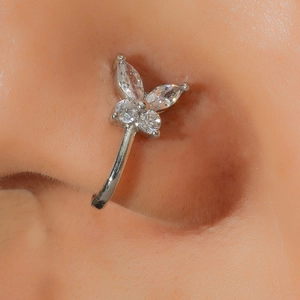 Butterfly non-pierced nose ring with cubic zirconia in a vintage U-shaped metal design