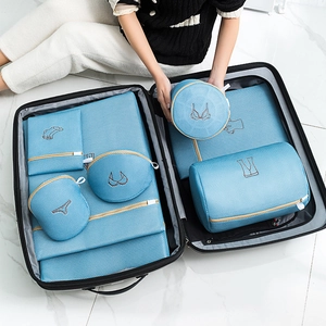 Morandi blue embroidered mesh laundry bag set for delicate clothes and travel storage