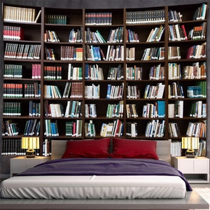 Classic British library bookshelf tapestry shown as a cozy bedroom wall decoration