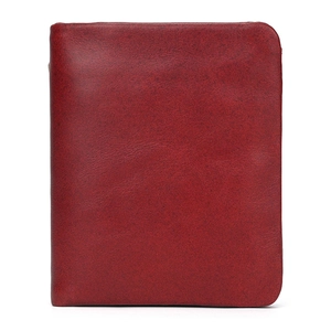 Close-up of a red premium leather vertical wallet with natural grain and folded design