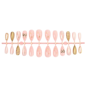 Almond press-on nails set with gold cat-eye, 3D bow, and starry design on pink base