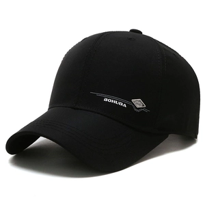 Classic black baseball cap for middle-aged men featuring BOHUDA logo in 45-degree side view