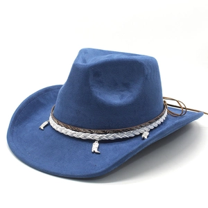 Navy blue faux suede cowboy hat with braided cord and silver boot pendants