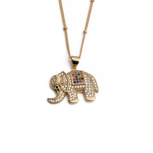 Exotic golden elephant pendant necklace with colorful gemstones and white micro-pave zircons