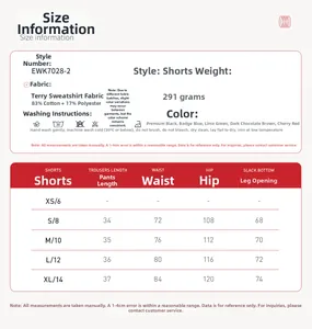 Tableau des tailles pour shorts de sport en coton avec mesures S-XL et détails du tissu