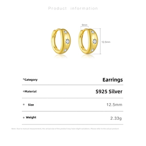 Detailed product dimensions of S925 sterling silver hoop earrings with white zircon