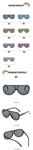 Detailed views of vintage oversized one-piece kids sunglasses in seven vibrant candy colors