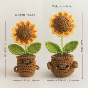 Handmade knitted sunflower potted plants with cute faces and detailed dimension measurements