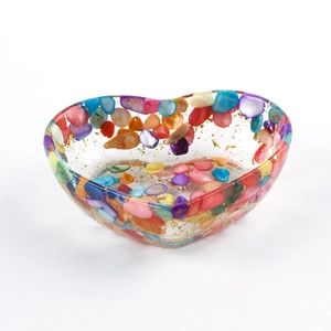 Heart-shaped crystal resin tray with colorful shell flakes and gold foil decoration